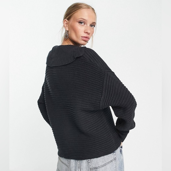 Free People Marlie Deep V Neck Ribbed Sweater in Black Size Large - Picture 4 of 10